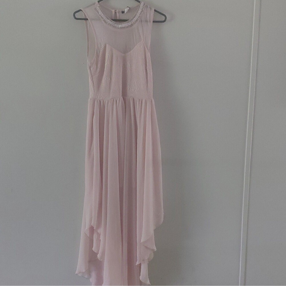 Kimcine Pink Chiffon Beaded Layered Hi-Low A-Line Sleeveless Dress Size LG (10)